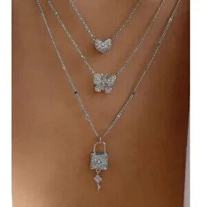 Luxe Rhinestone Lock Key Heart Multilayer Necklace